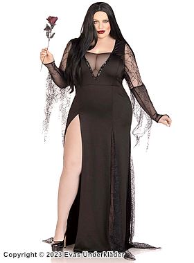 Morticia aus der Addams Family, Kostüm-Kleid, Pailletten, lange Ärmel, hoher Schlitz, Plus Size